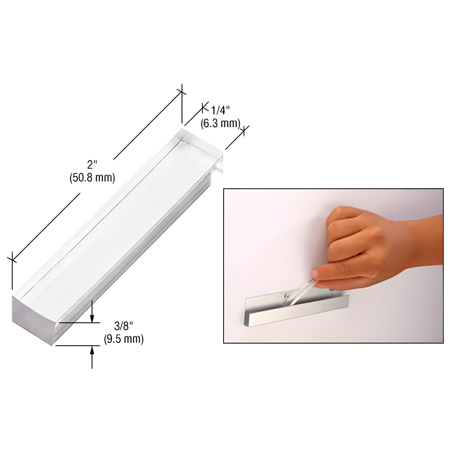 Clear plastic glass setting block PSB375, 2" x 1/4" x 3/8", for frameless shower and mirror spacing.