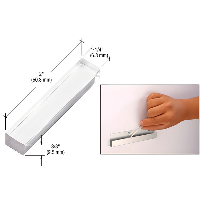 Clear plastic glass setting block PSB375, 2" x 1/4" x 3/8", for frameless shower and mirror spacing.