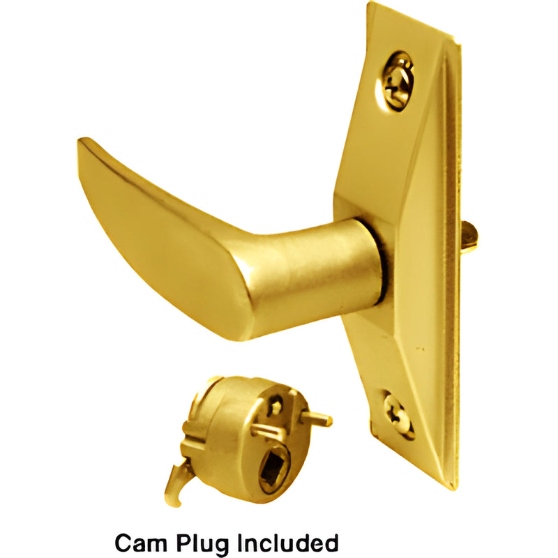 DL2150LHBR brass left-hand deadlatch lever with rectangular escutcheon and included cam plug