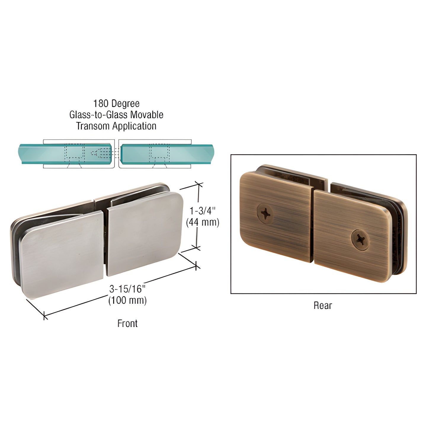 Brushed nickel 180 glass-to-glass movable transom clamp for 8-12mm glass, GCB188BN