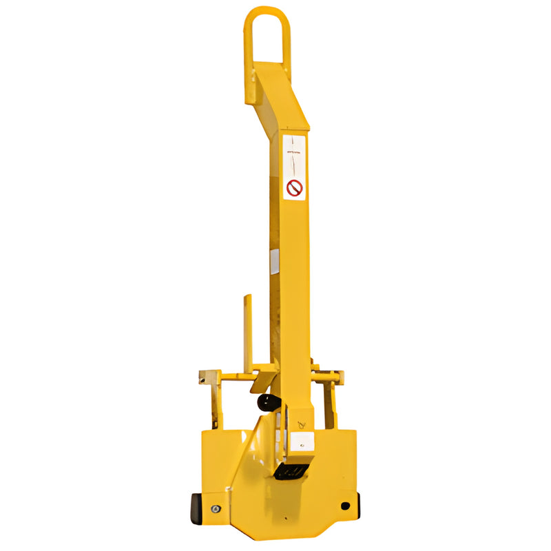 Yellow steel pad channel assembly for lift frames (SKU PCFT1A1), vertical arm with hook, industrial lifting accessory.