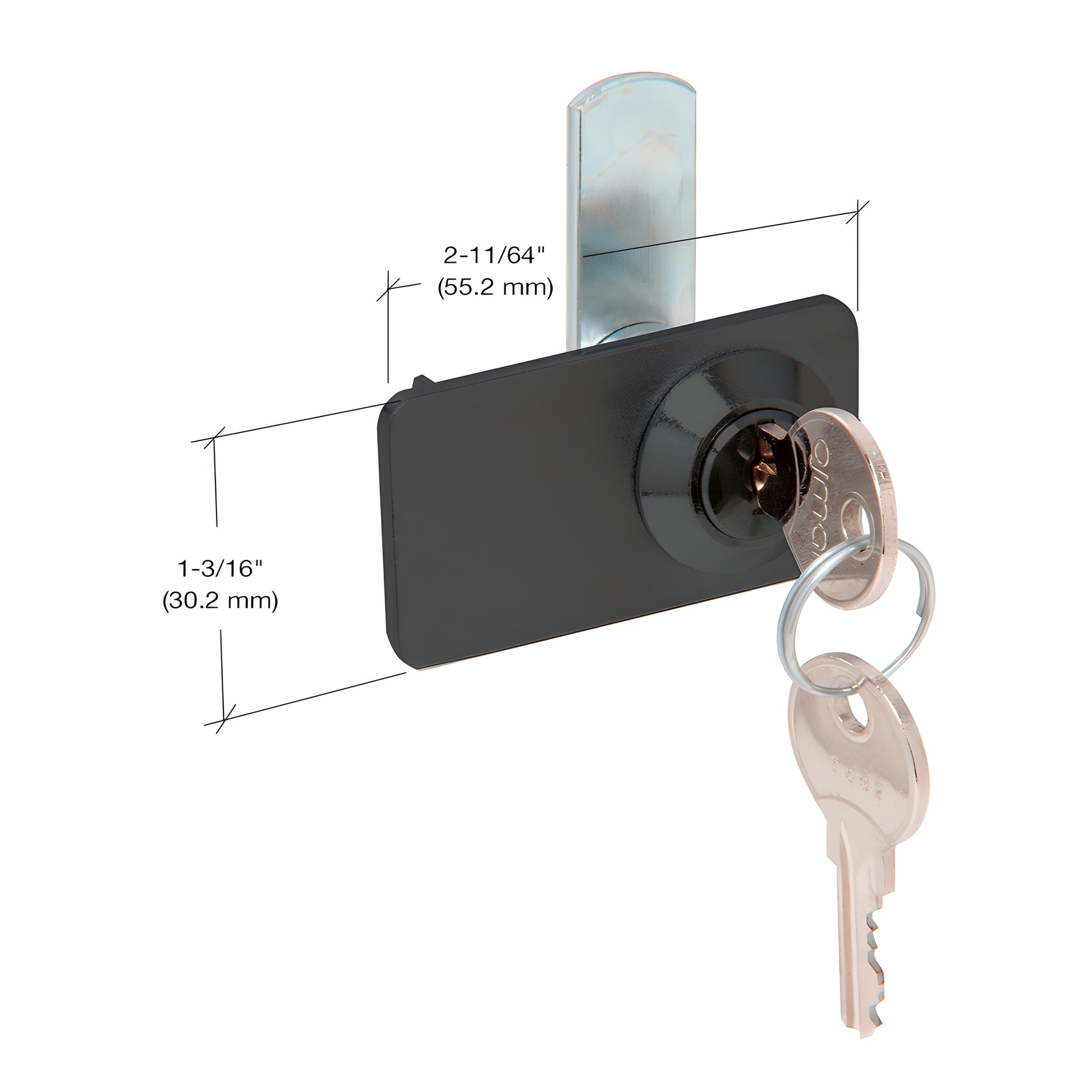 CRL SKU 0916BCKA black chrome double-door cam lock on 5-6mm glass with keyring and dimensions.