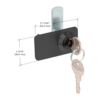 CRL SKU 0916BCKA black chrome double-door cam lock on 5-6mm glass with keyring and dimensions.