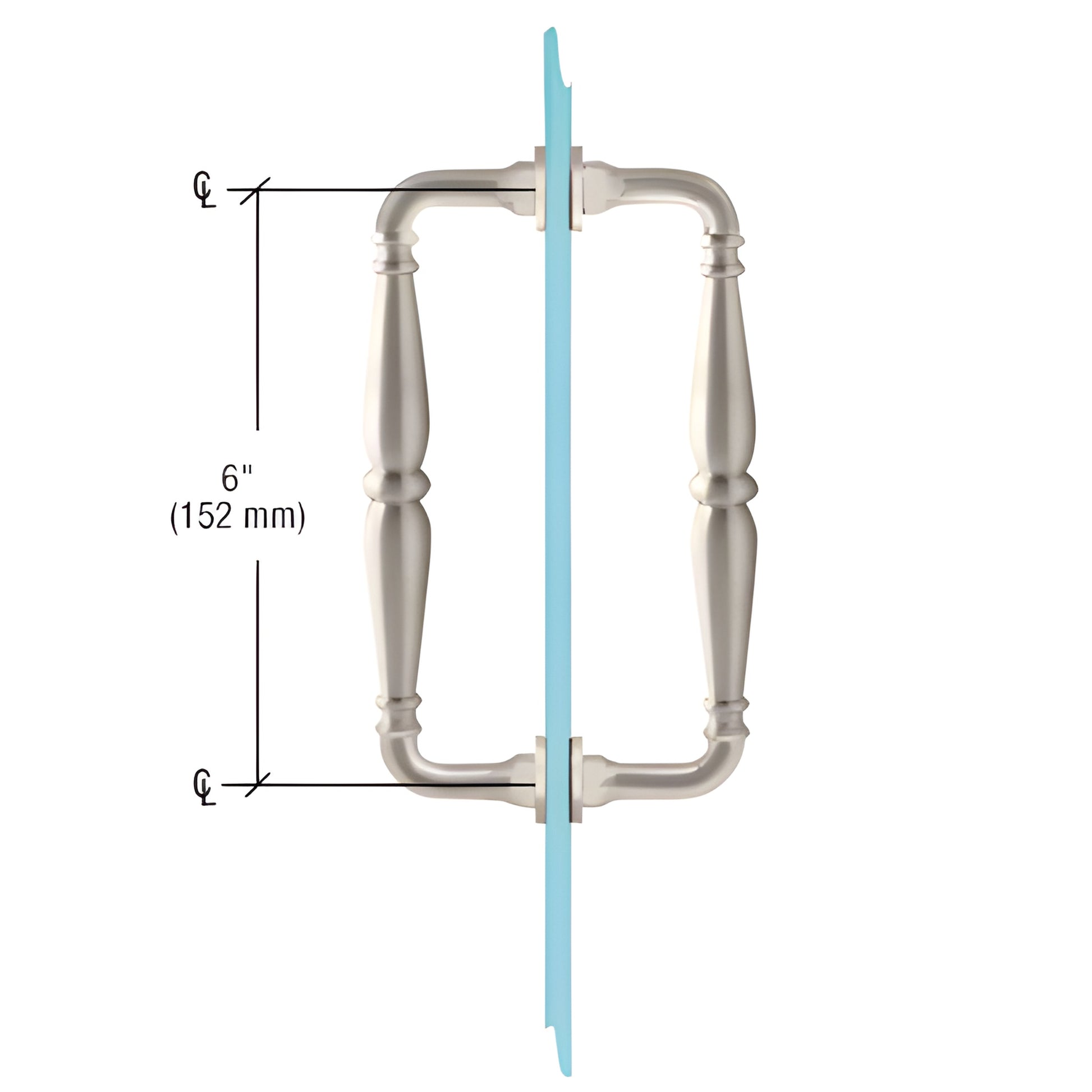 Victorian solid brass brushed-nickel back-to-back shower door pull, 6" center, fits 1/4-1/2" tempered glass (SKU V1C6X6BN)
