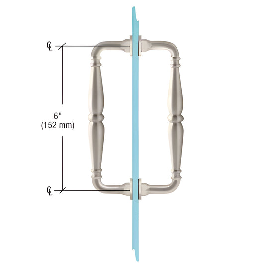 Victorian solid brass brushed-nickel back-to-back shower door pull, 6" center, fits 1/4-1/2" tempered glass (SKU V1C6X6BN)