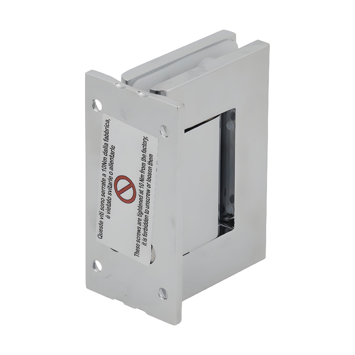 Polished chrome aluminum oil-dynamic full back plate wall hinge for 8-14mm glass doors, self-closing (SKU H8210BTCH)