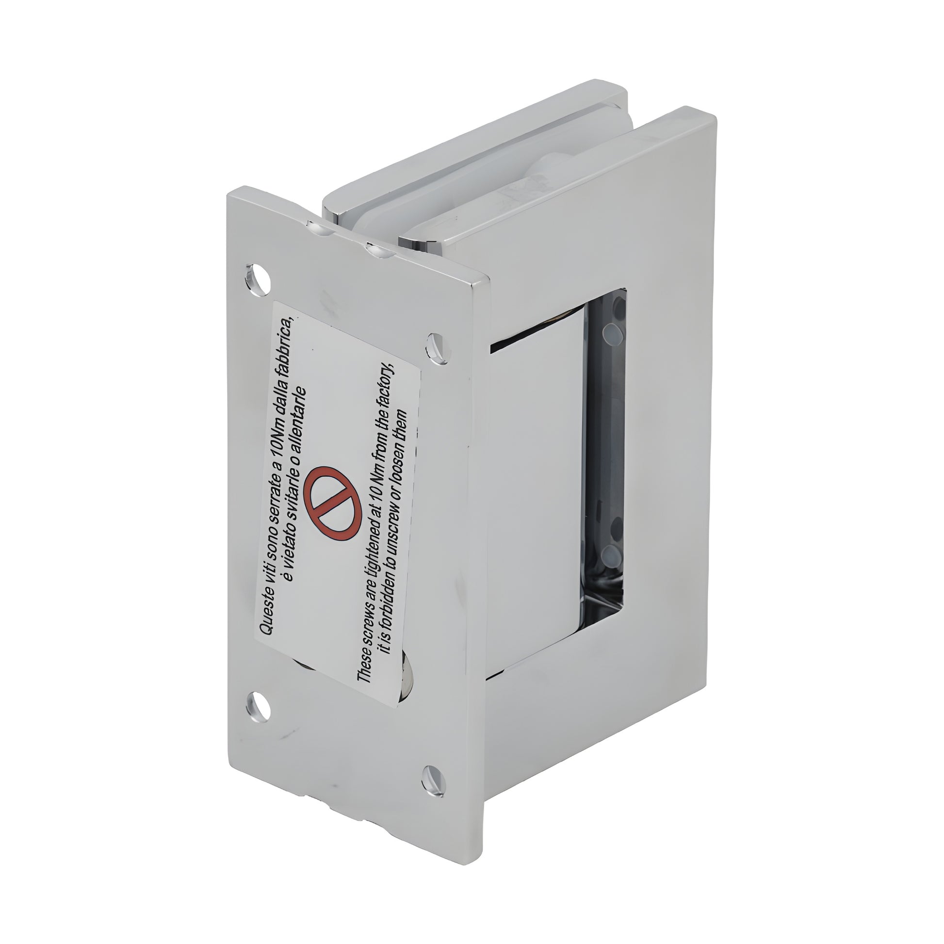 Polished chrome aluminum oil-dynamic full back plate wall hinge for 8-14mm glass doors, self-closing (SKU H8210BTCH)