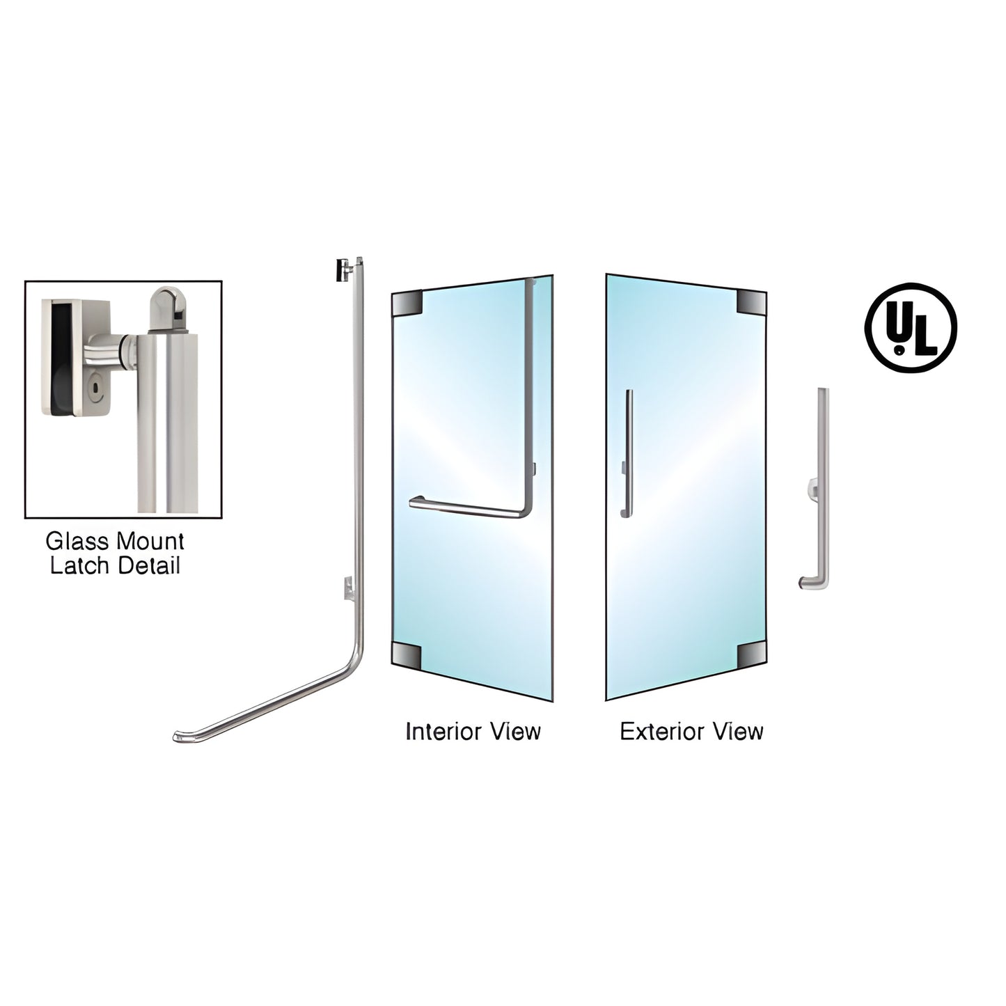 PA100H3GKBS brushed stainless panic handle for 1/2 in. glass door, tubular interior push bar and exterior pull, ADA compliant