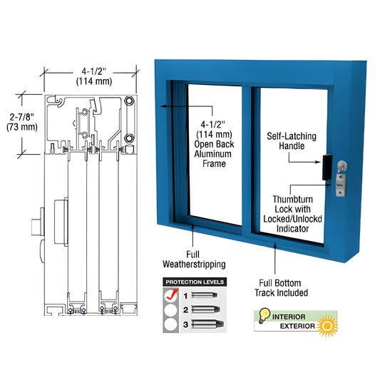 SBRWEXP1: blue powder coated aluminum, Level 1 bullet resistant manual sliding service window with 3/4 polycarbonate glazing