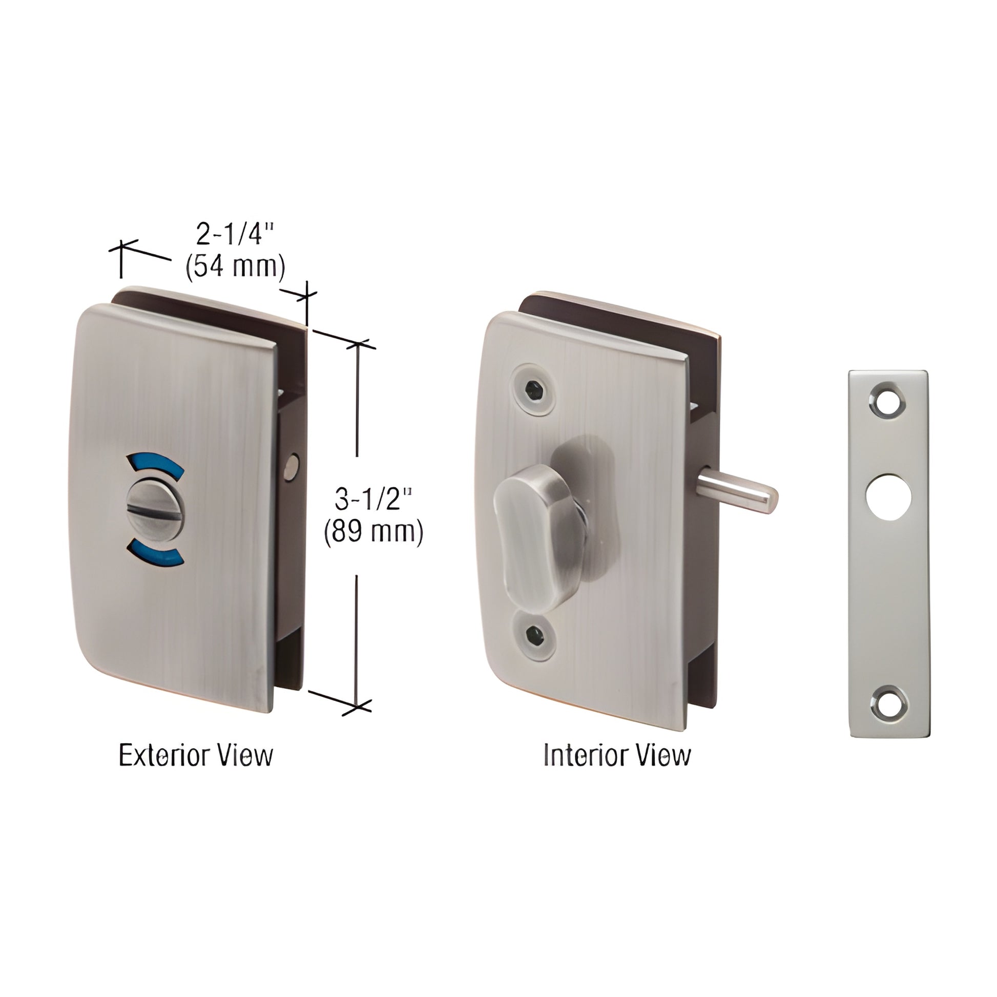 Brushed nickel CRL glass door lock with red/blue indicator, thumbturn interior, fits 8-12mm glass (SKU 700CBN)