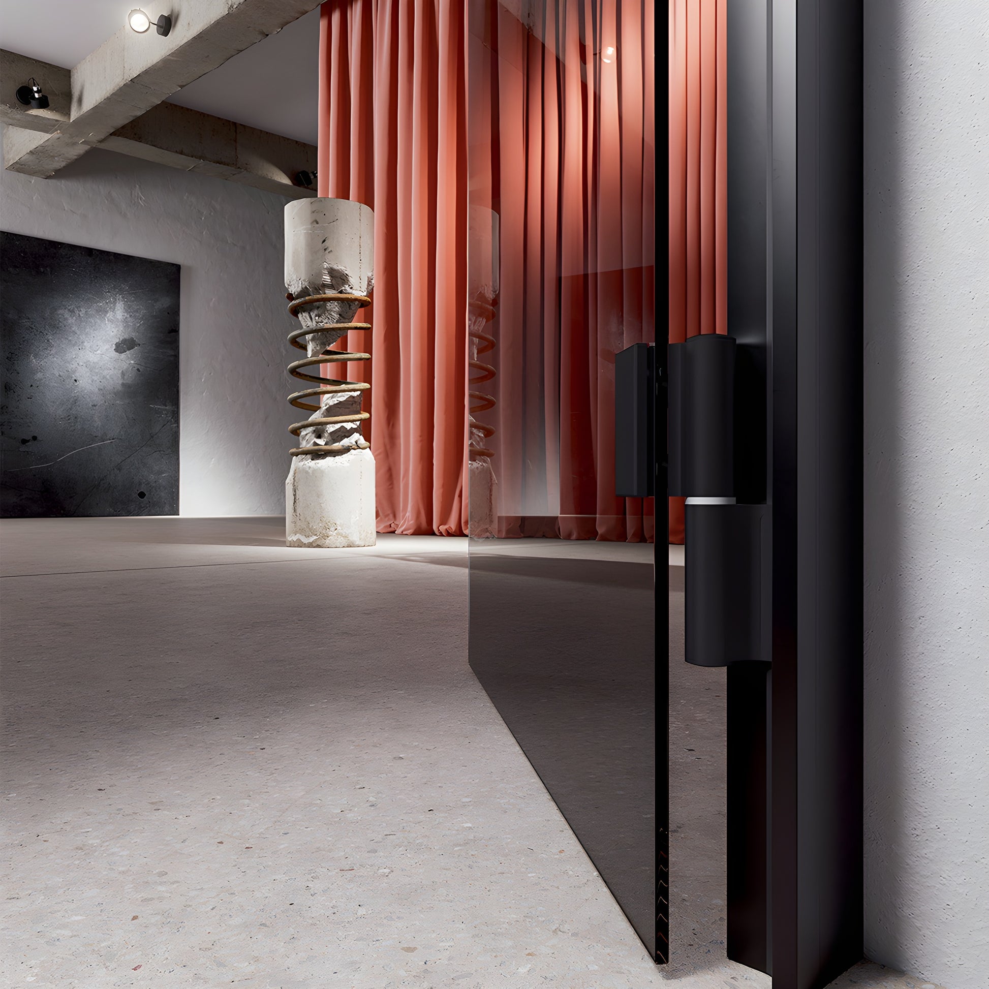 Matte black hydraulic glass door hinge, right-hand, for 3/8-1/2 in glass, hold-open and free-swing (SKU FHEKRMBL)