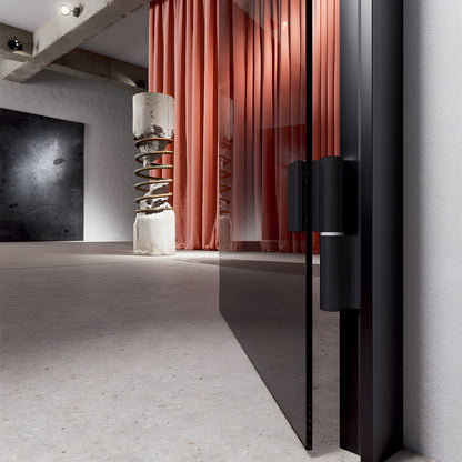 Matte black hydraulic glass door hinge, right-hand, for 3/8-1/2 in glass, hold-open and free-swing (SKU FHEKRMBL)