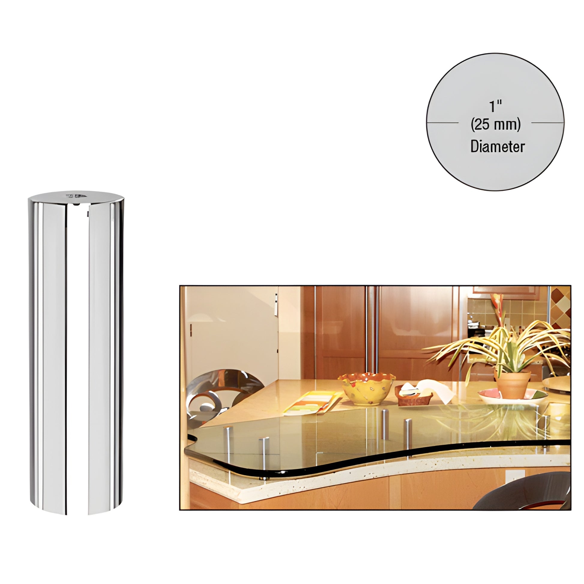 Polished 316 stainless 1" diameter standoff (SKU S0B104PS), glass/display mount with 1/4-20 threading