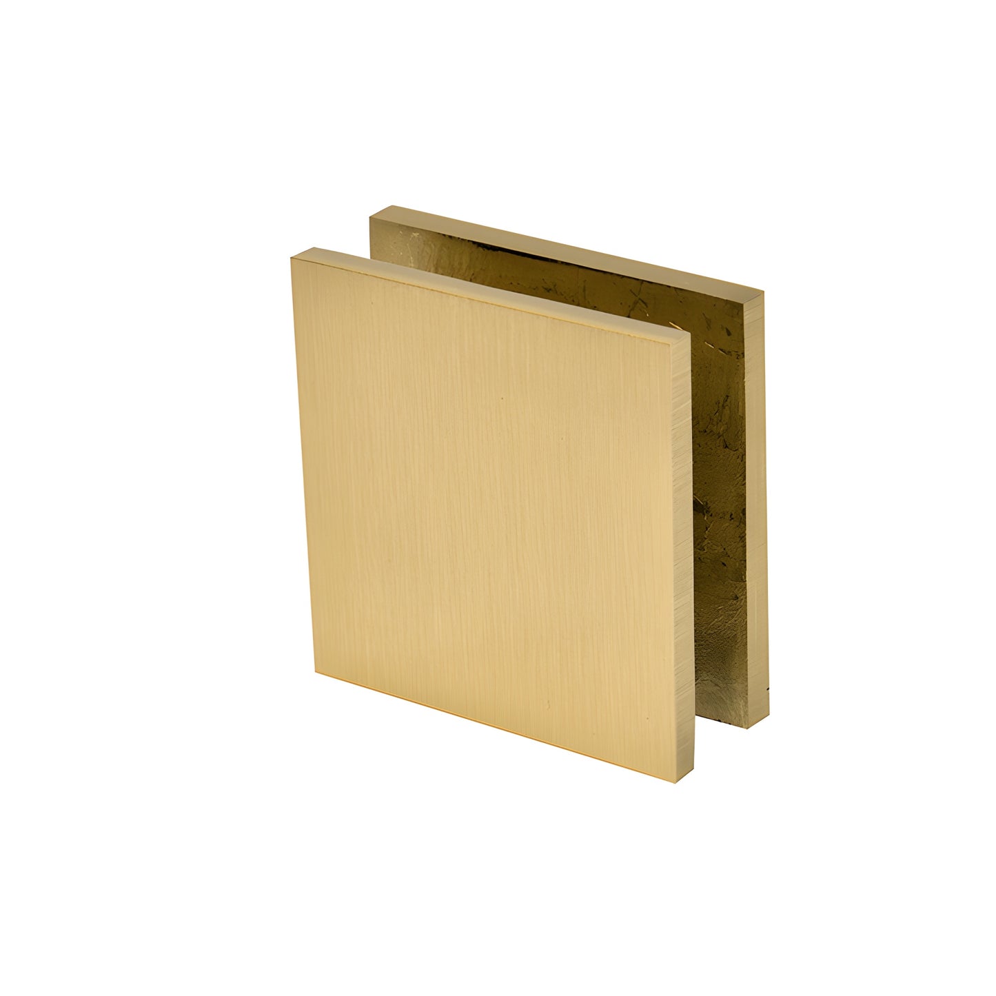 Square satin-brass wall-mount glass clamp SCU4SB for 10-12mm frameless shower or balustrade panels.