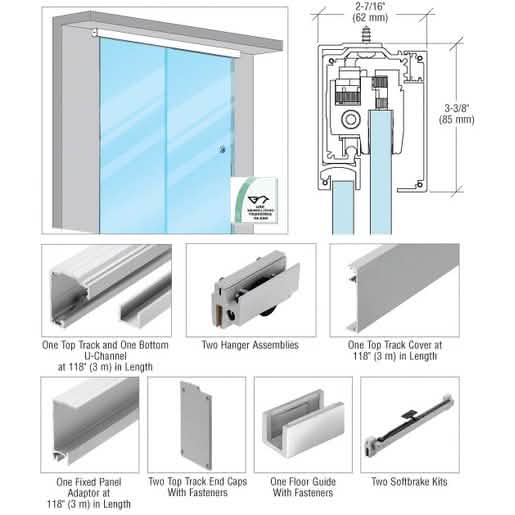 CRL285 Series Brushed Stainless Anodized Single Slider with Fixed Panel Kit for Glass Door