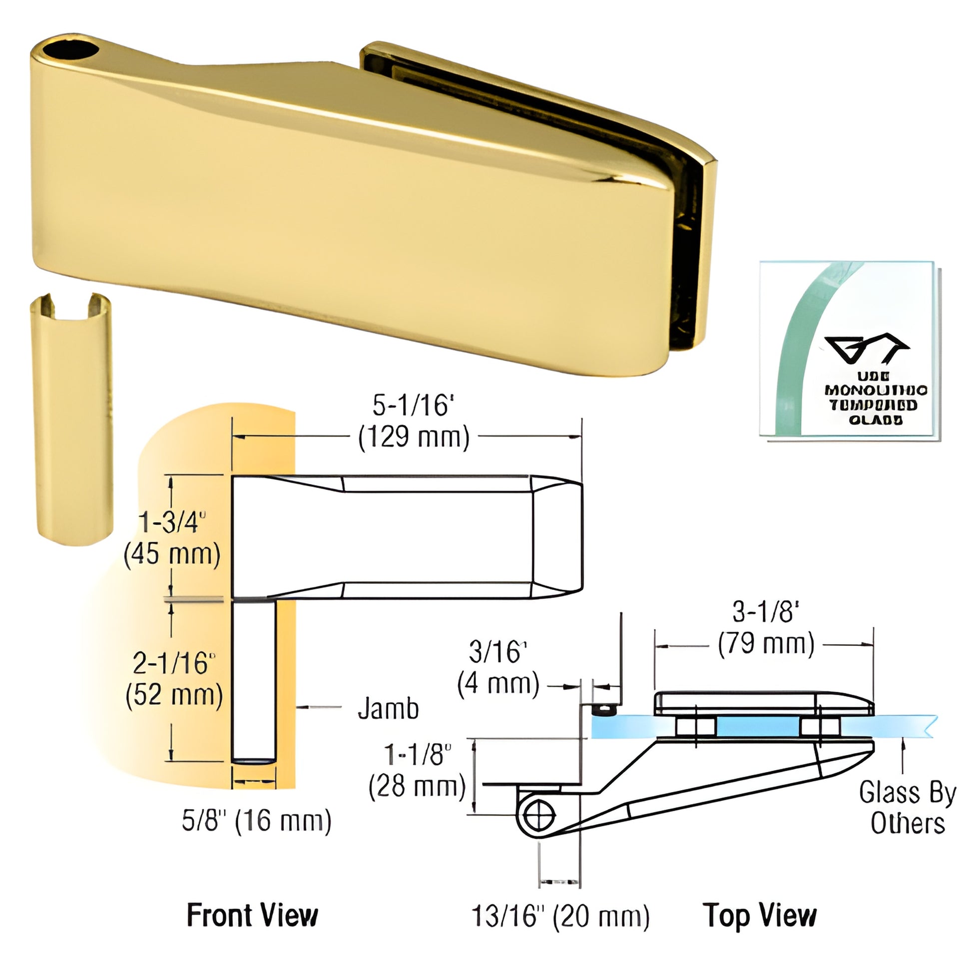 PTH350BR polished brass free-swinging glass door hinge for 8-10mm tempered glass, 5/8" mounting holes, supports up to 99 lb