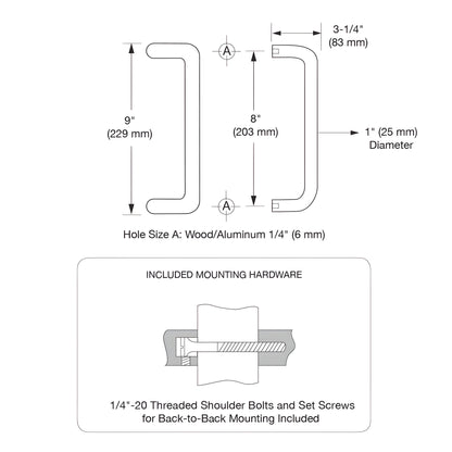 Polished brass 1" (25 mm) offset door pull handles with back-to-back mounting hardware, SKU M217483