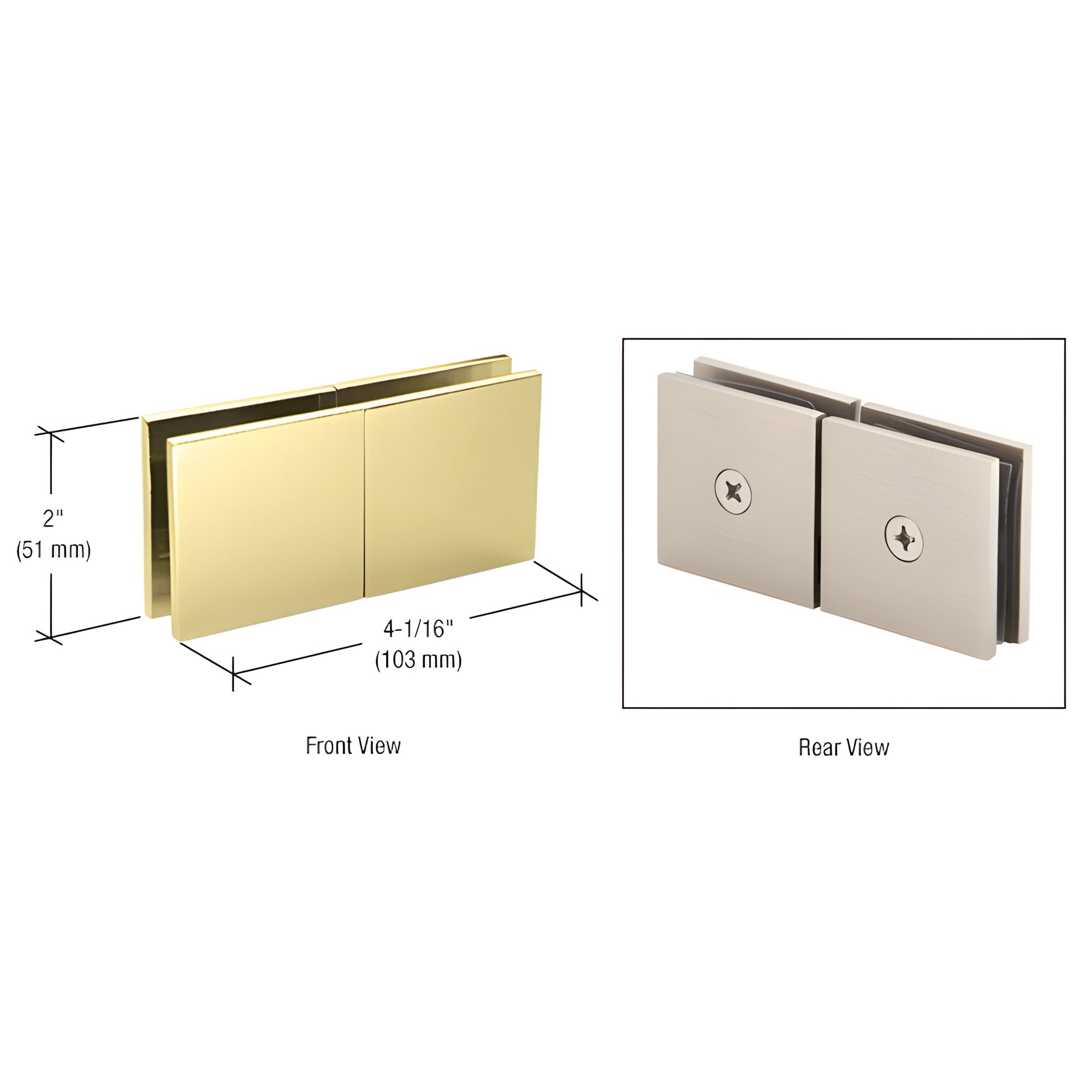 SGC188BR polished brass square glass-to-glass 180-degree movable transom clamp, 4-1/16" x 2", for 3/8-1/2" glass