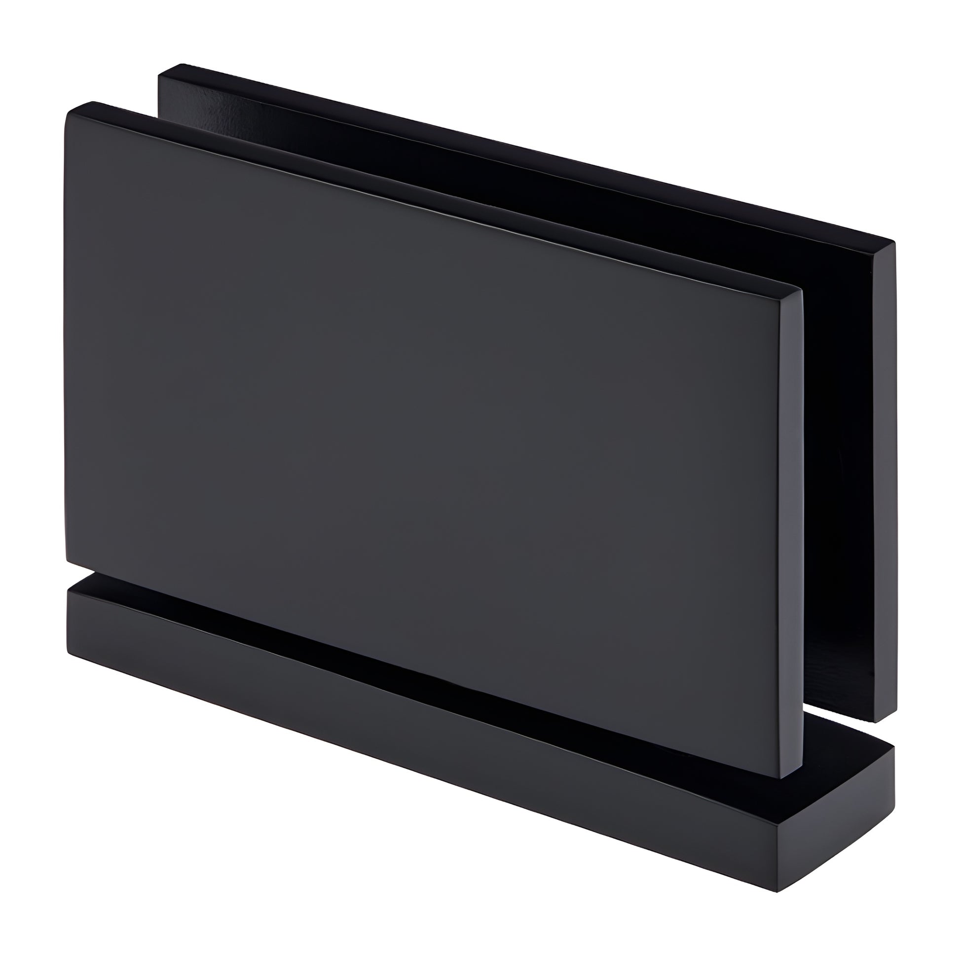 Matte black squared Cardiff pivot hinge for 8-10mm frameless glass shower door, brass, self-centering - SKU CAR01MBL