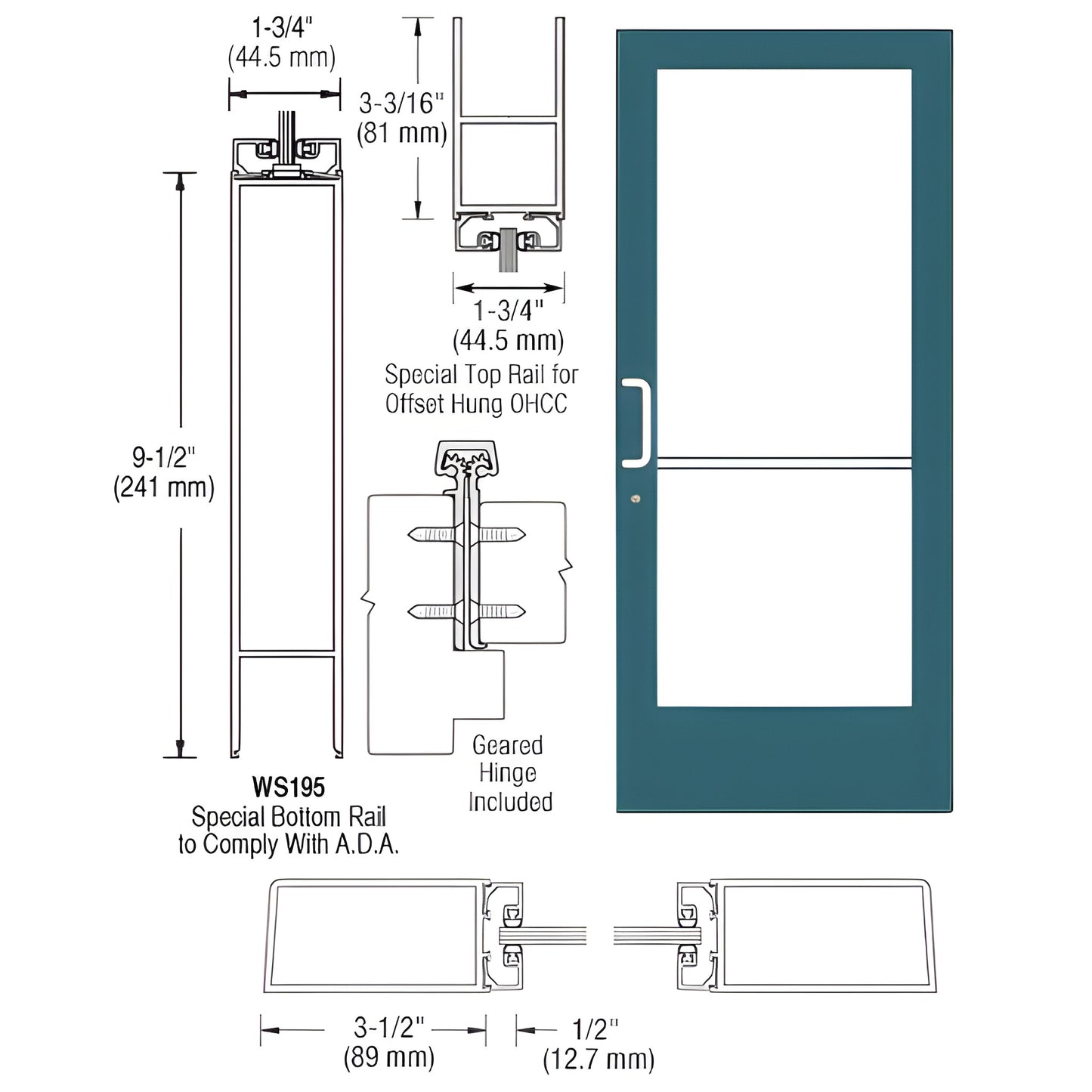 Custom medium-stile teal storefront entrance door, 3-1/2" stiles, 3-3/16" top rail, 9-1/2" ADA bottom rail, glass panel