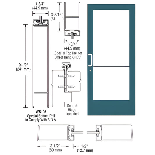 Custom medium-stile teal storefront entrance door, 3-1/2" stiles, 3-3/16" top rail, 9-1/2" ADA bottom rail, glass panel