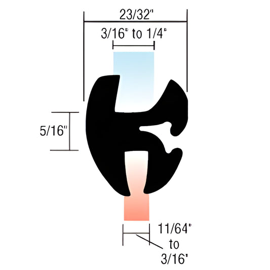 Black EPDM two-piece self-sealing weatherstrip profile SKU AS1456, 50ft roll; 23/32" width, 3/16-1/4" glass slot, 5/16" heigh