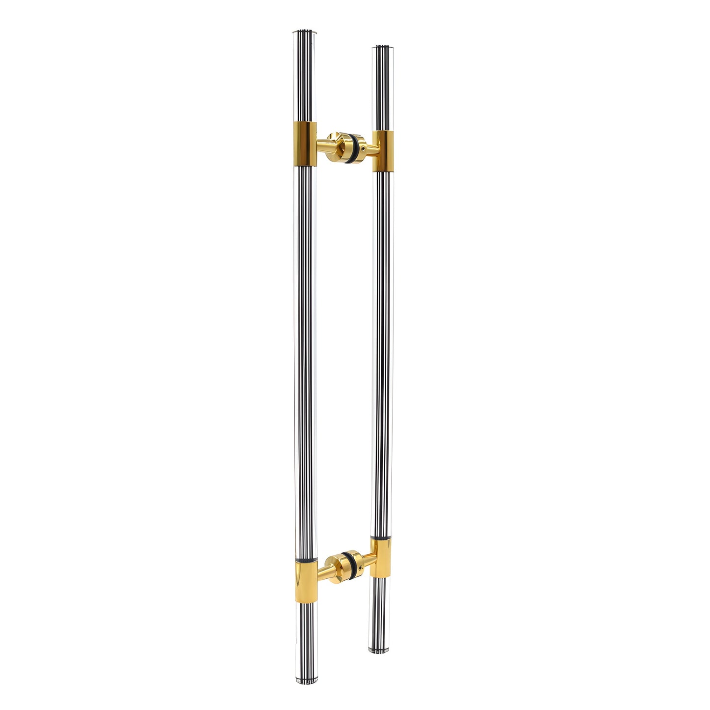 CB18X18BR polished brass ladder-style glass door pull, 27 in long, 18 in center-to-center, stainless tubing with black acryli