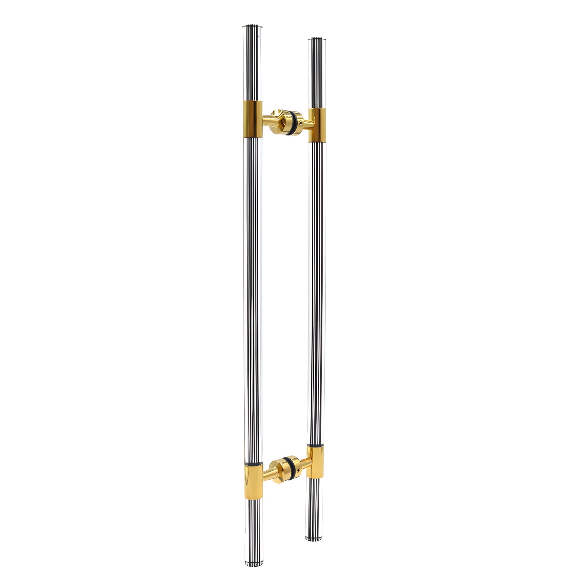 CB18X18BR polished brass ladder-style glass door pull, 27 in long, 18 in center-to-center, stainless tubing with black acryli