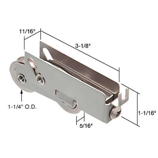 Stainless steel tandem sliding glass door roller (SKU D1927), adjustable housing 3-1/8" x 1-1/16" with 1-1/4" concave rollers
