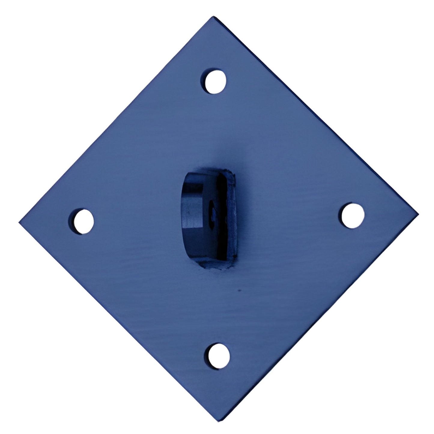 Blue diamond-shaped glass awning mounting plate with four bolt holes and central bracket (SKU: AW9DMPT)