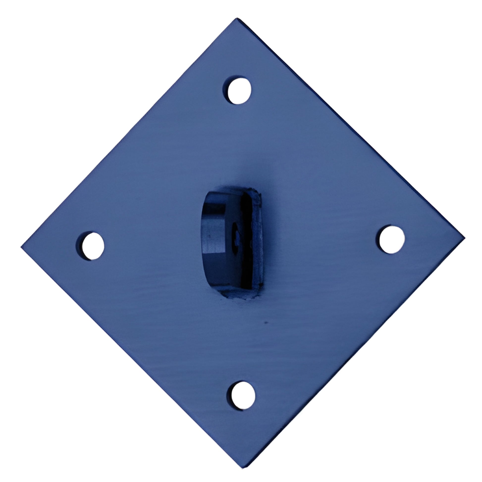 Blue diamond-shaped glass awning mounting plate with four bolt holes and central bracket (SKU: AW9DMPT)
