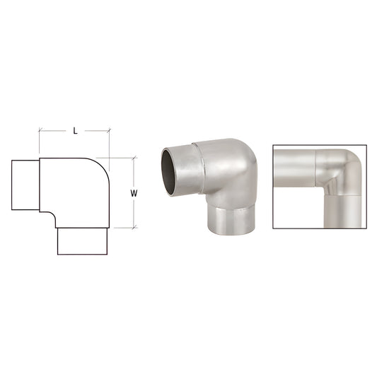 HR15HBSC brushed 304 stainless sharp-radius 1-1/2in corner fitting for HR15 handrail tubing, 90-degree elbow