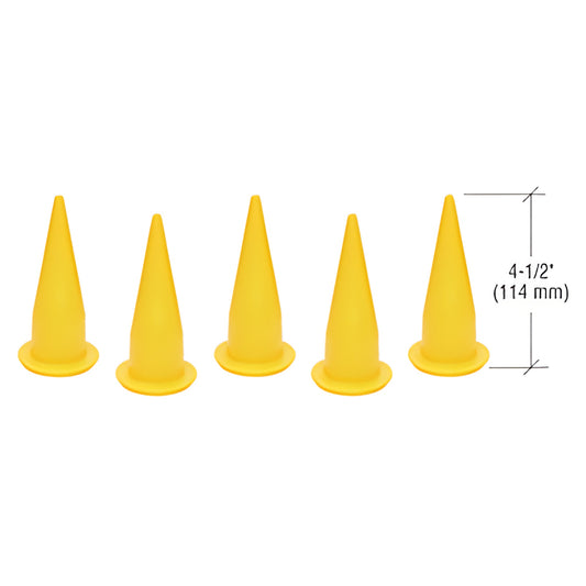 WGCN 5-pack yellow plastic cone nozzles, 4.5" long, trim-to-size wide-bead tips for sausage/bulk caulking.