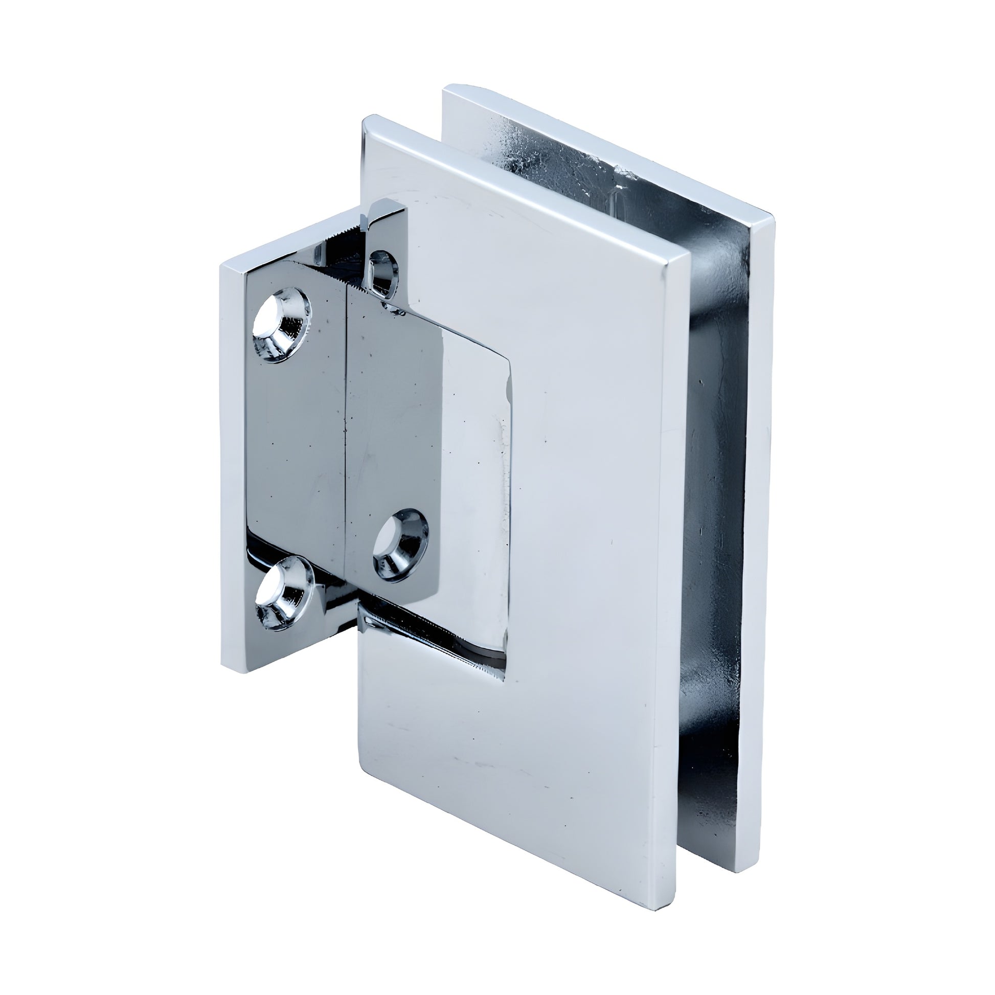 Polished chrome Geneva shower door hinge, short wall-mount back plate for 8-12mm tempered glass.