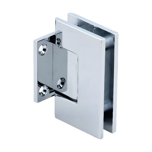 Polished chrome Geneva shower door hinge, short wall-mount back plate for 8-12mm tempered glass.