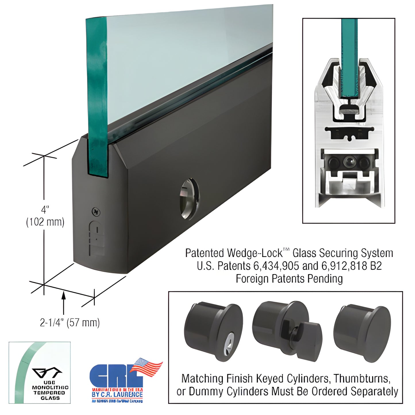 35-3/4 black bronze anodized tapered aluminum door rail for 5/8 glass with Wedge-Lock glass securing system and cylinder lo