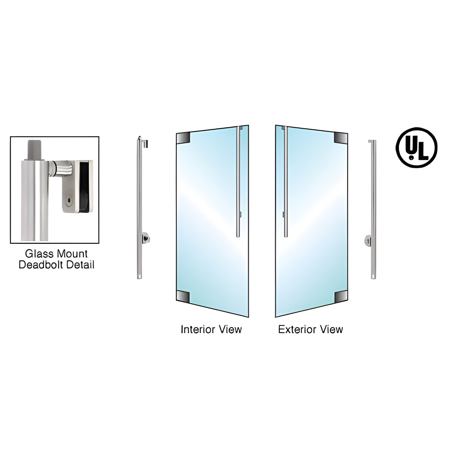 DB170JS3G1BS brushed stainless deadbolt handle for 1/2" tempered glass doors, right-hand reverse, UL classified