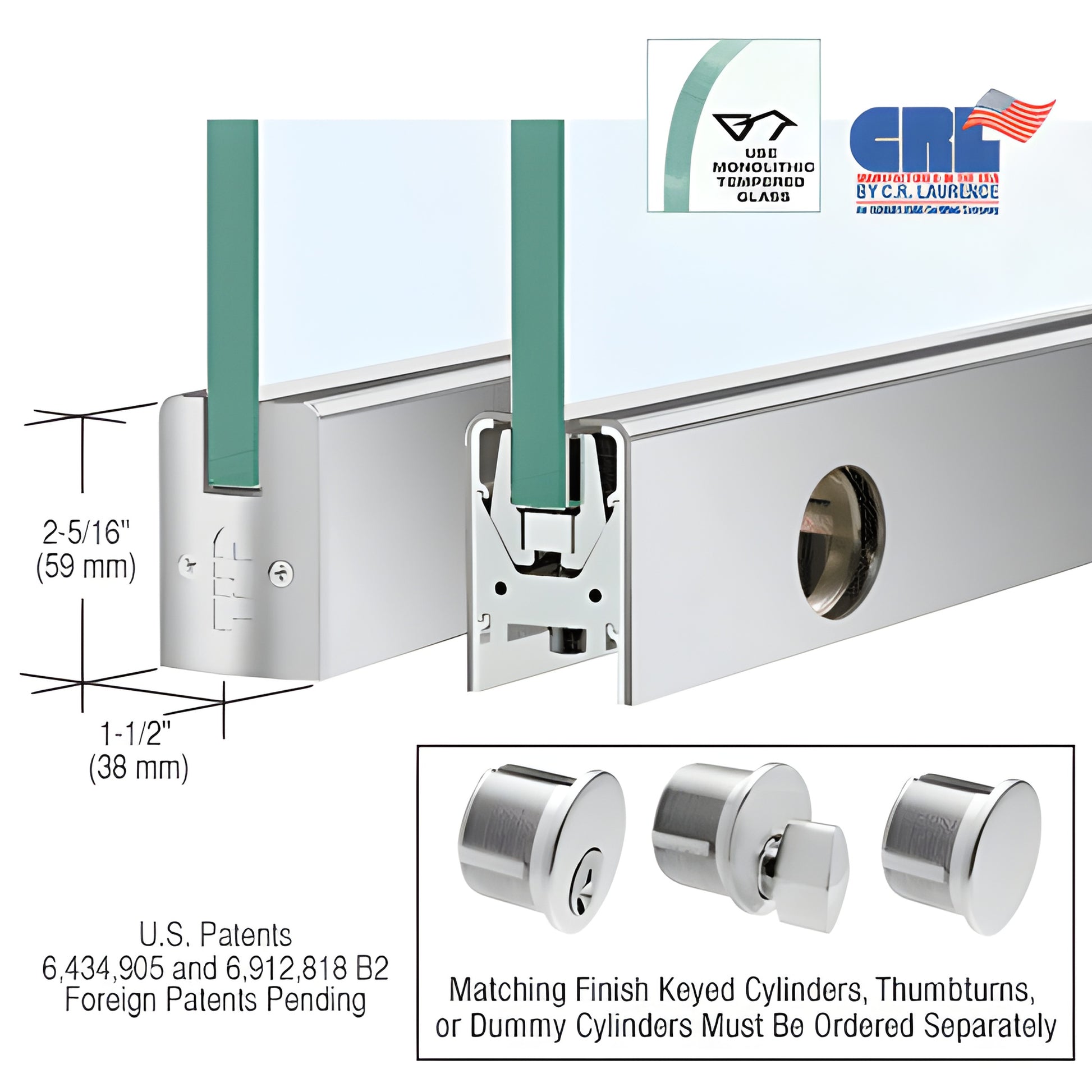 Satin anodized aluminum low-profile door rail for 3/8-1/2 in glass, 2-5/16" x 1-1/2", includes lock. SKU DR2SSA12CL