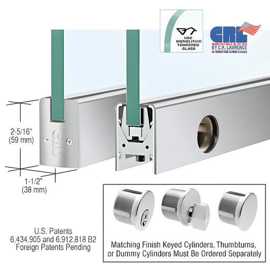 Satin anodized aluminum low-profile door rail for 3/8-1/2 in glass, 2-5/16" x 1-1/2", includes lock. SKU DR2SSA12CL