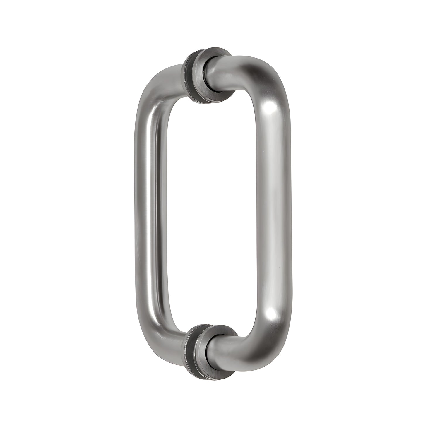 BM6X6BS back-to-back brushed stainless steel tubular glass door pull handle, 3/4" dia, 6" center with decorative washers.