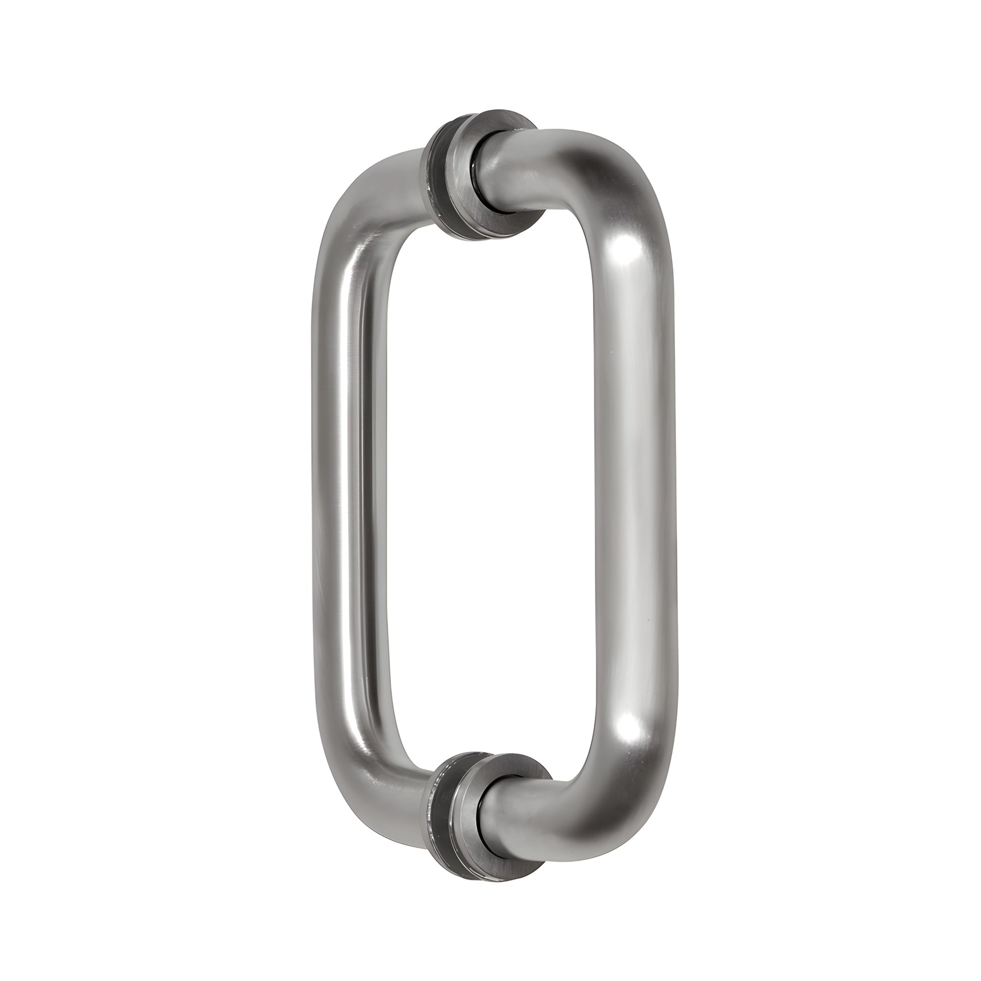 BM6X6BS back-to-back brushed stainless steel tubular glass door pull handle, 3/4" dia, 6" center with decorative washers.