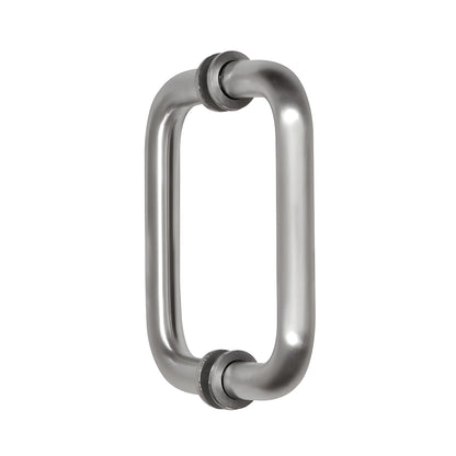 BM6X6BS back-to-back brushed stainless steel tubular glass door pull handle, 3/4" dia, 6" center with decorative washers.
