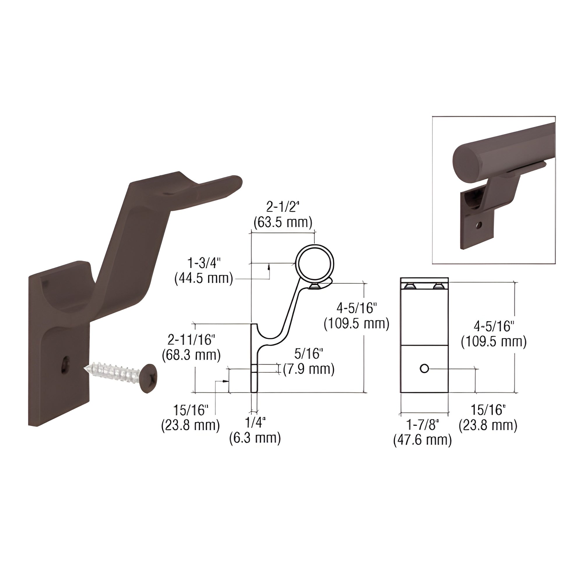 ARHB1BRZ matte bronze aluminum quick-connect handrail bracket for 1-1/2" (38mm) tubing, ready-to-install with screw