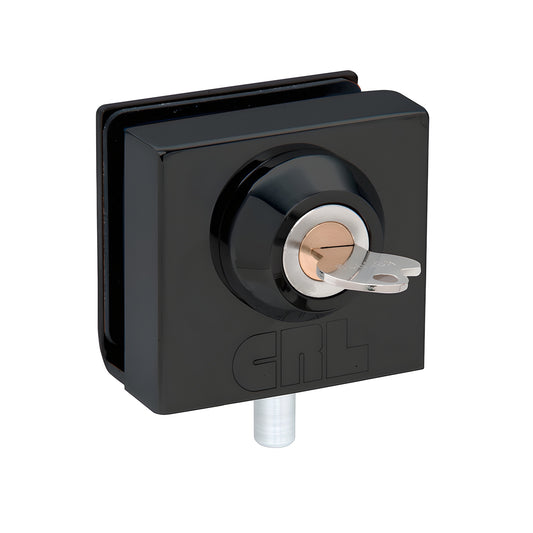Matte black CRL slip-on glass lock (SKU 03P12MBL) with key, for 1/2" (12mm) tempered glass, no-drill installation.