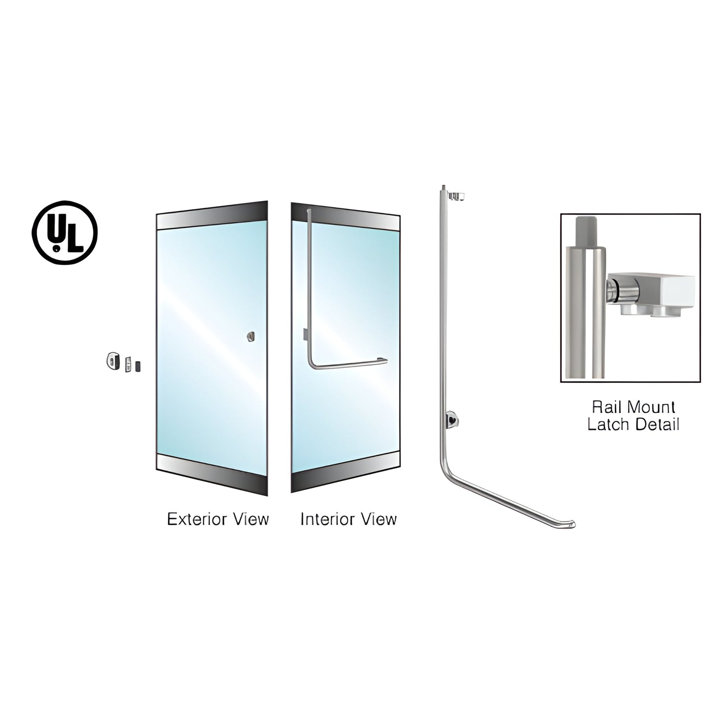 Brushed stainless steel rail-mount deadbolt handle for 1/2 in tempered glass doors, 1-1/4 in dia, left hand reverse SKU DB100