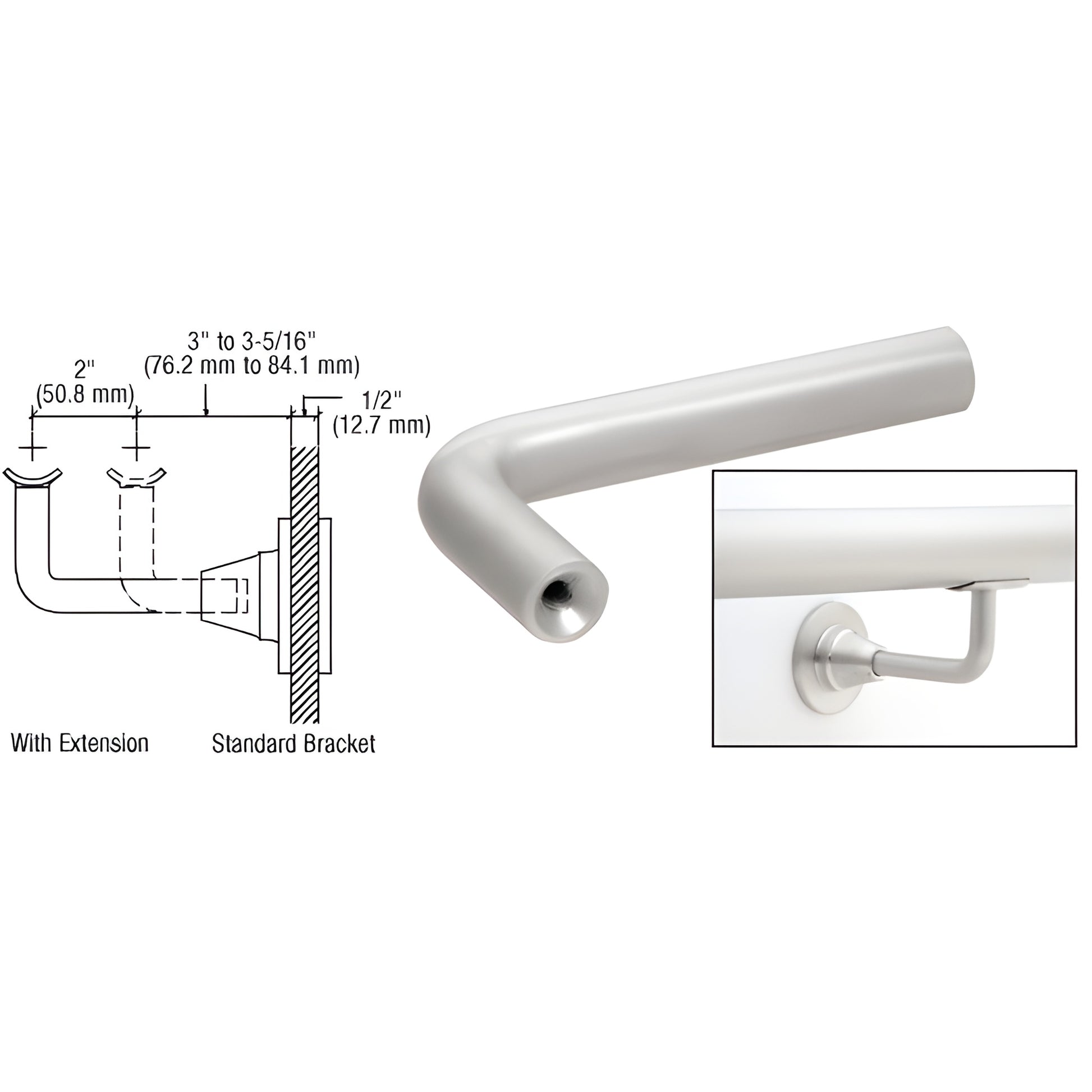 HR2DXSA satin anodized aluminum adjustable handrail extension arm, adds 2 in horizontal extension for HR2D brackets.