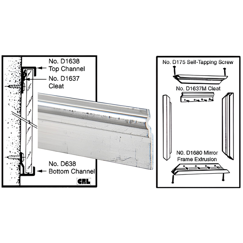 D1637M mill-finish aluminum mirror-mount cleat, offset profile holds mirror off wall to reduce moisture and conceal hardware