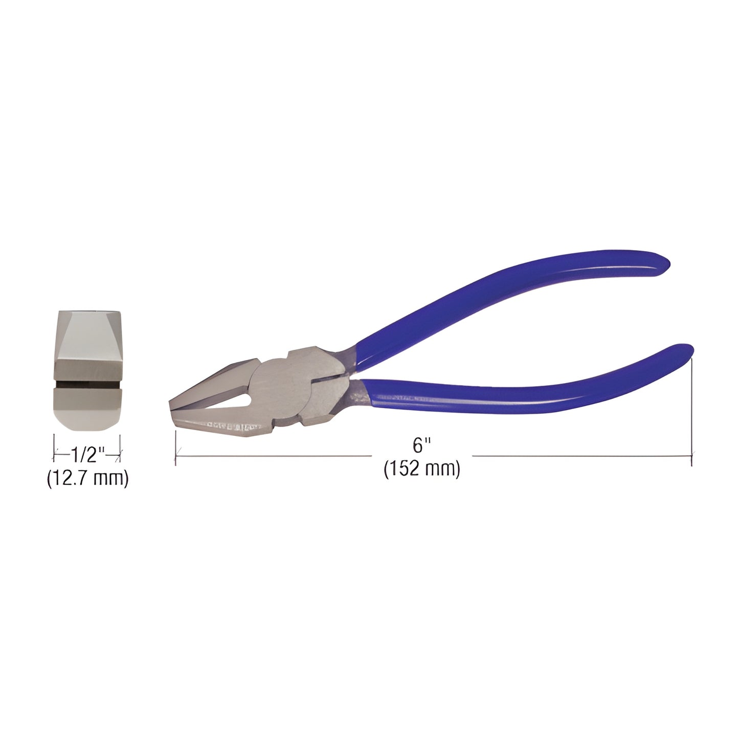 CRL SKU 3416 6 in straight-jaw glass pliers with blue handles, 1/2 in jaw, for stained and plate glass