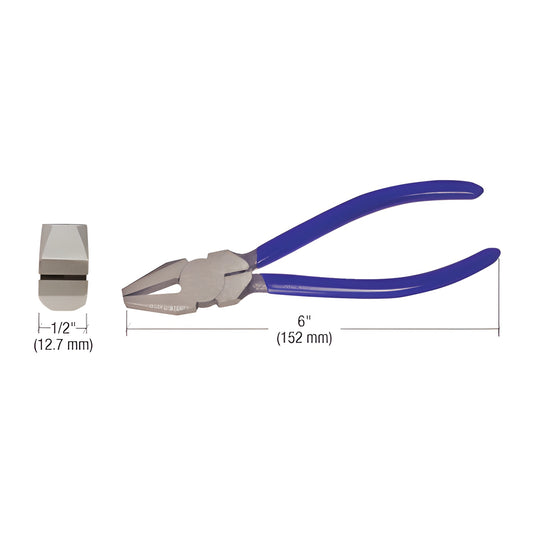 CRL SKU 3416 6 in straight-jaw glass pliers with blue handles, 1/2 in jaw, for stained and plate glass