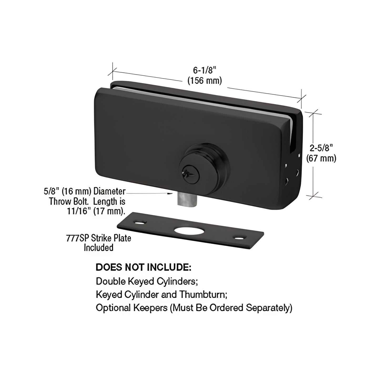 AMR215MBL matte black American-style patch lock for frameless glass doors, 6-1/8" 2-9/16", strike plate included.